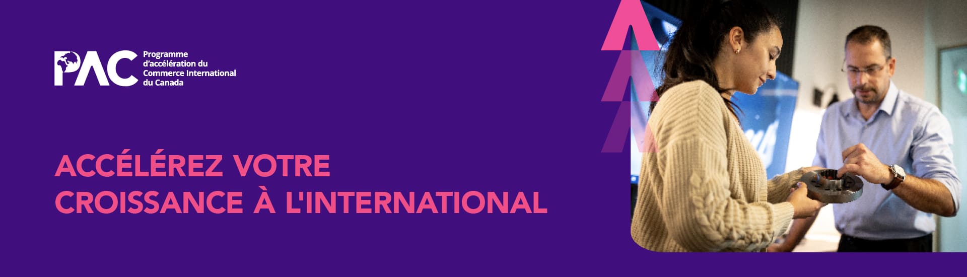 Promotional banner for the Trade Accelerator Program featuring the text 'Accelerate Your International Growth' on a purple background, with an image of two people handling a mechanical component on the right.