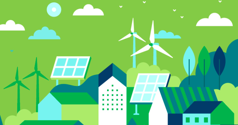 Illustration of houses with solar panels and wind turbines, representing renewable and sustainable energy.