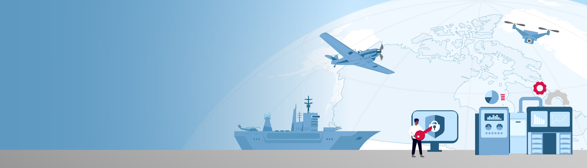 Illustration représentant des technologies de défense et de sécurité; on voit un navire militaire, un avion, un drone, un globe avec une carte du monde, des équipements numériques et un écran affichant un cadenas symbolisant la cybersécurité.