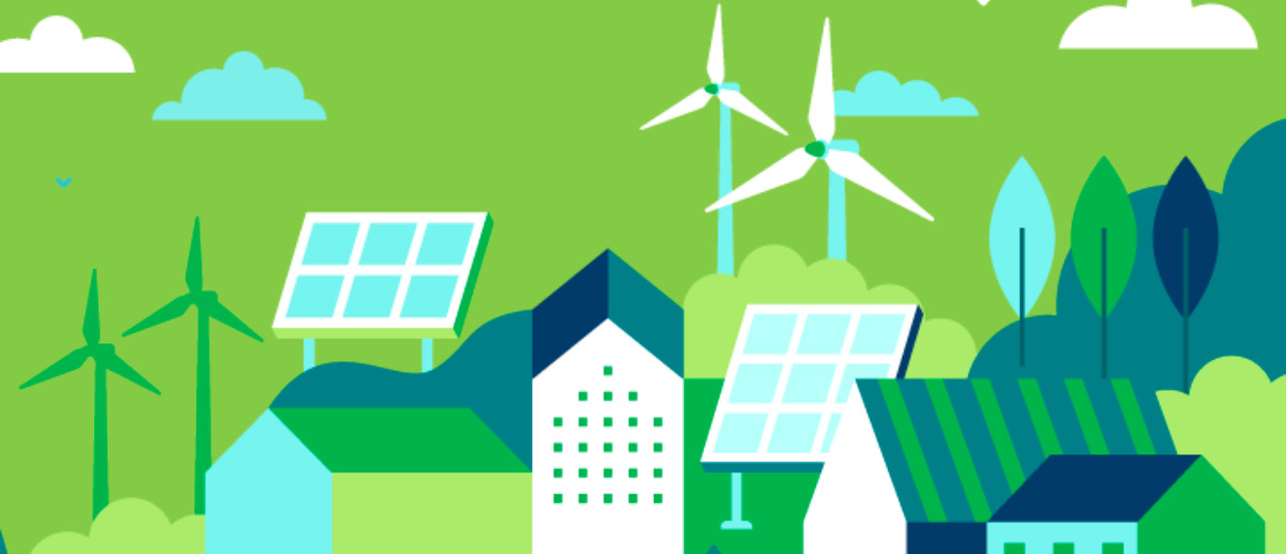 Illustration de maisons équipées de panneaux solaires et d’éoliennes, symbolisant l’énergie renouvelable et durable.