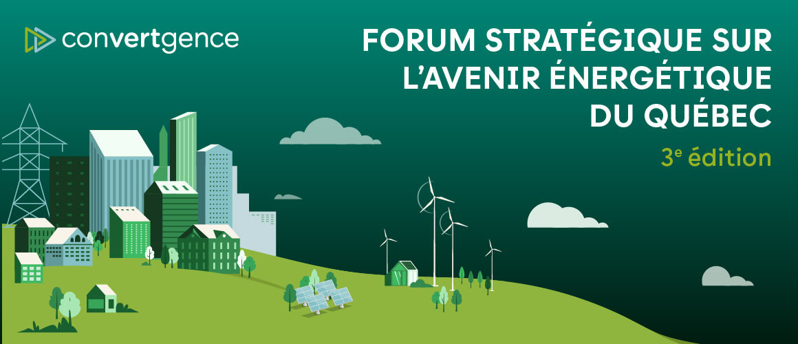 Bannière illustrée présentant un paysage urbain stylisé avec des immeubles, des éoliennes et des lignes électriques, accompagnée du texte « L’avenir énergétique du Québec – 3e édition » et du logo convertgence.