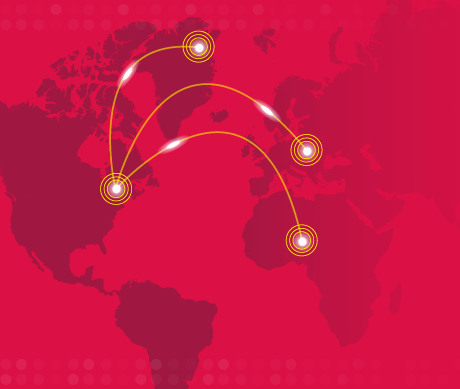 Carte du monde stylisée sur fond rouge avec des lignes courbes et des cercles lumineux indiquant des connexions entre différents continents.