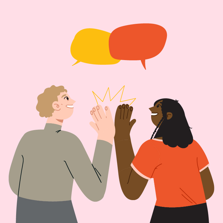 Illustration de deux personnes qui se tapent dans la main pour célébrer une réussite, avec des bulles de dialogue au-dessus