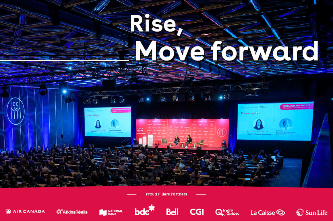 Wide view of a conference hall during a CCMM event, with a stage, large presentation screens, and an audience seated at tables; the text 'Rise, Move forward' appears at the top, and a banner at the bottom displays partner logos including Air Canada, BDC, Bell, CGI, Hydro-Québec, La Caisse and Sun Life.