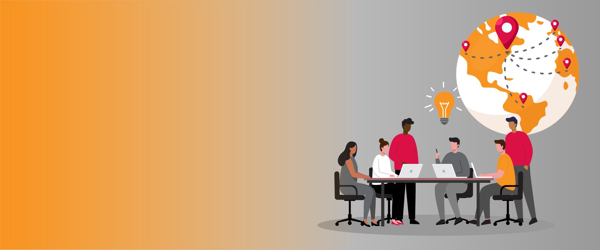 Une illustration de six personnes diversifiées collaborant autour d'une table avec des ordinateurs portables, surmontée d'une ampoule allumée symbolisant une idée. Un grand globe terrestre à droite montre des itinéraires d'exportation avec des marqueurs de localisation rouges. La majeure partie de l'arrière-plan à gauche est un espace vide de couleur dégradé orange et gris.