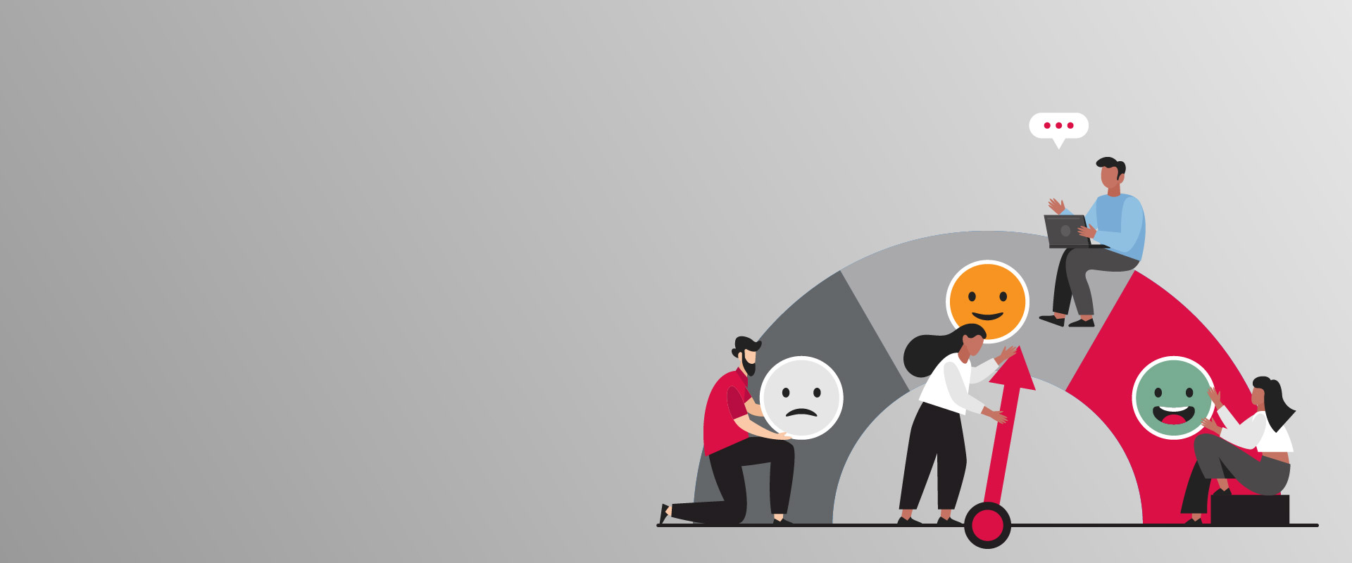 Illustration représentant des personnes interagissant autour d’un indicateur de satisfaction, avec différents niveaux d’émotion illustrés par des visages et une flèche ascendante.