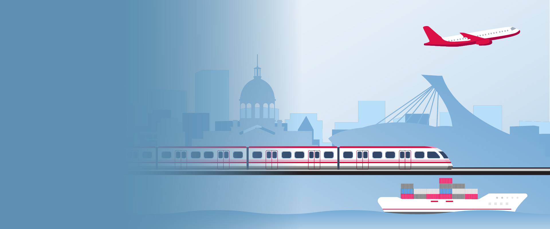 Une illustration numérique dans des tons de bleu et blanc représentant le thème du transport et des infrastructures. Au centre, un train rouge et blanc roule sur une voie. Au-dessus, un avion rouge et blanc vole, et en bas, un navire porte-conteneurs flotte. L'arrière-plan présente la ligne d'horizon de Montréal en silhouette bleue, y compris le Stade olympique et d'autres bâtiments, suggérant les transports en ville.