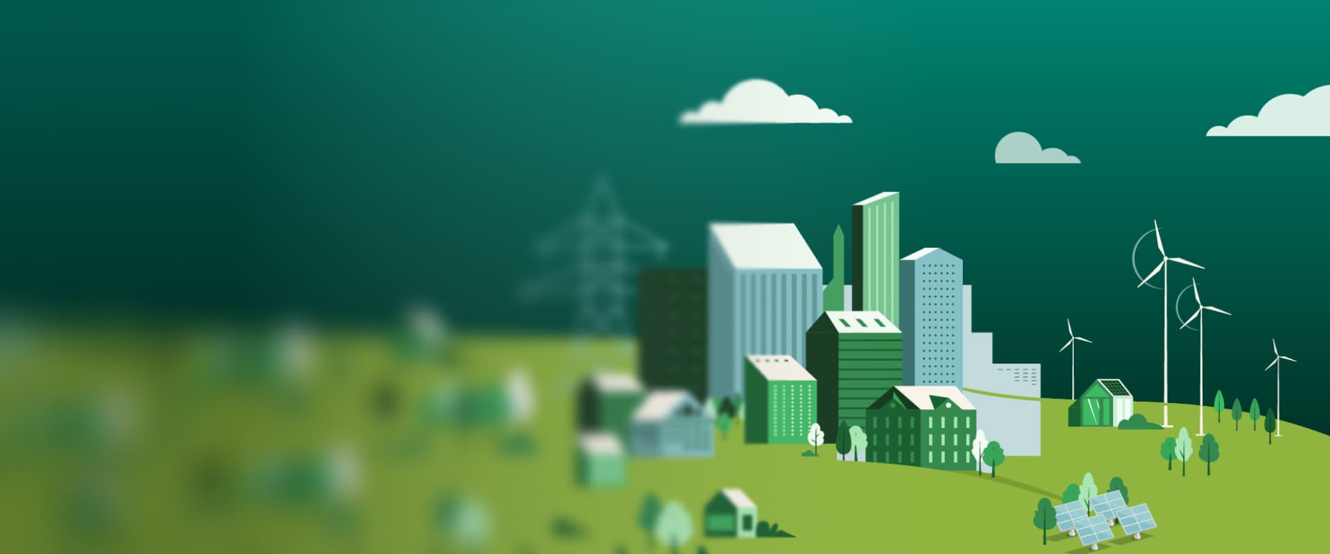 Illustration d’une ville stylisée entourée d’espaces verts; on voit des immeubles, des maisons, des éoliennes, des panneaux solaires et des pylônes électriques, représentant la transition énergétique et le développement durable.