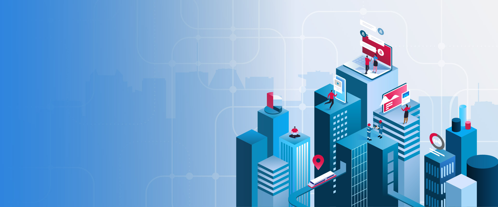 Illustration d’une ville stylisée avec des immeubles modernes; on voit des personnes interagissant avec des tableaux numériques, des écrans d’information et des indicateurs de géolocalisation, représentant des projets urbains et technologiques.