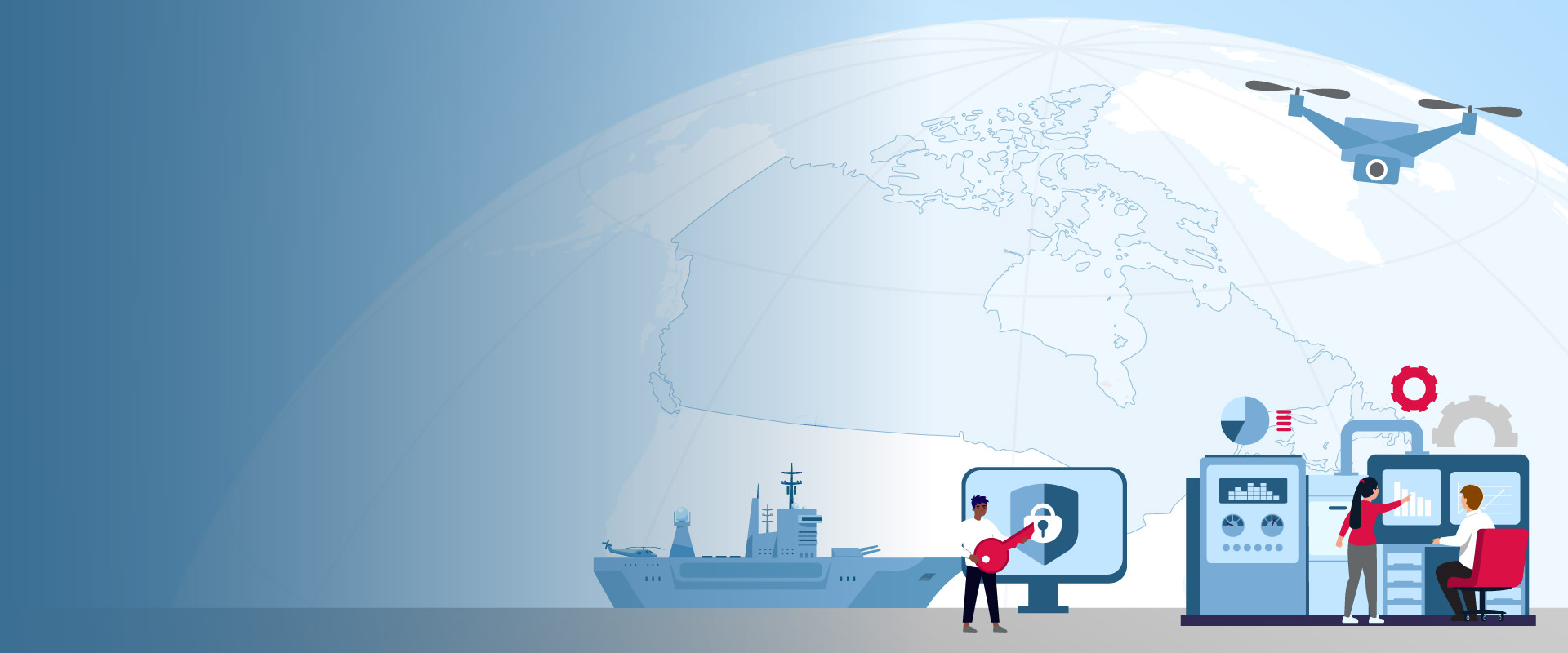 Illustration montrant des professionnels utilisant des technologies liées à la défense; on y voit un navire militaire, un drone, des interfaces de contrôle et un globe en arrière-plan.