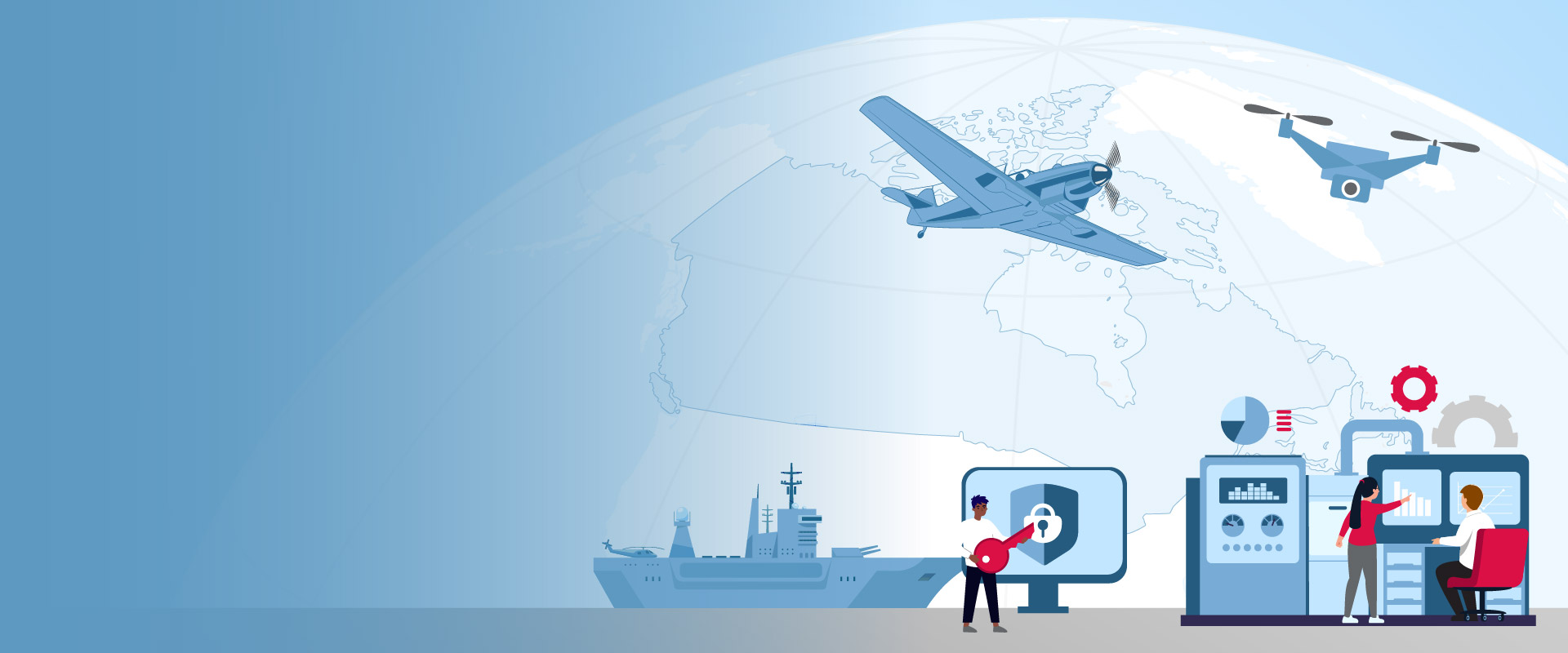 Illustration représentant des technologies de défense et de sécurité; on voit un navire militaire, un avion, un drone, un globe avec une carte du monde, des équipements numériques et un écran affichant un cadenas symbolisant la cybersécurité.
