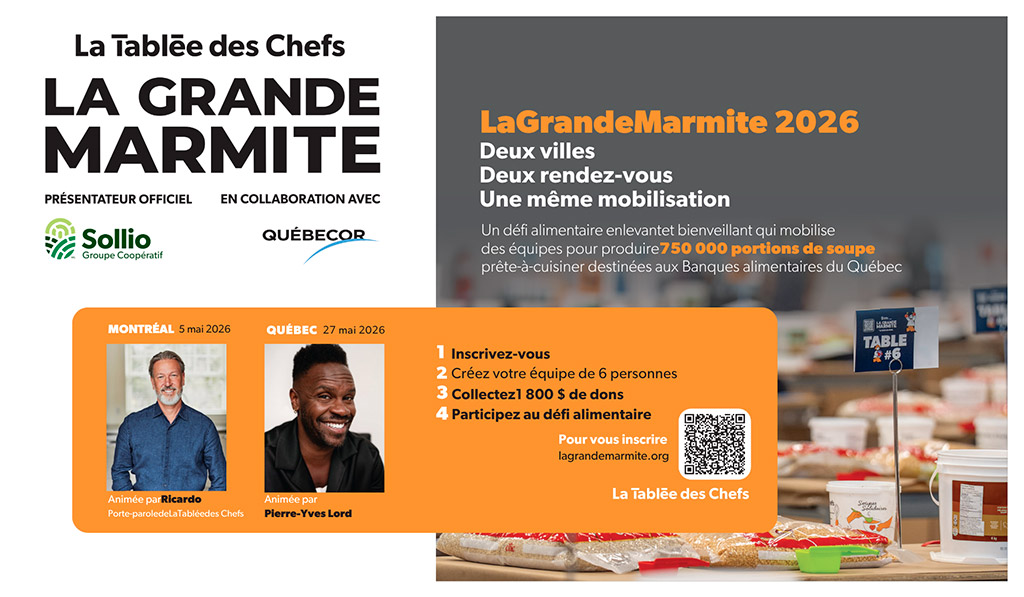 Affiche promotionnelle de La Tablée des Chefs pour l’événement La Grande Marmite 2026; on y voit les logos de La Tablée des Chefs, Sollio Groupe Coopératif et Québecor, les dates des rendez-vous à Montréal et à Québec, les animateurs Ricardo et Pierre-Yves Lord, ainsi qu’une table remplie de contenants alimentaires prêts à être distribués.