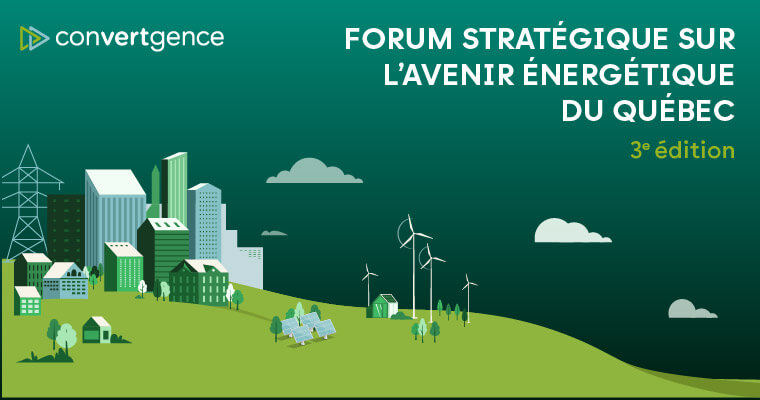 Illustration avec des bâtiments stylisés et le logo de la Chambre de commerce du Montréal métropolitain accompagnant le texte Forum stratégique Convergence.