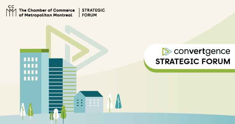 Illustration featuring stylized buildings and trees beside the logos of the Chamber of Commerce of Metropolitan Montreal and the Convergence Strategic Forum.