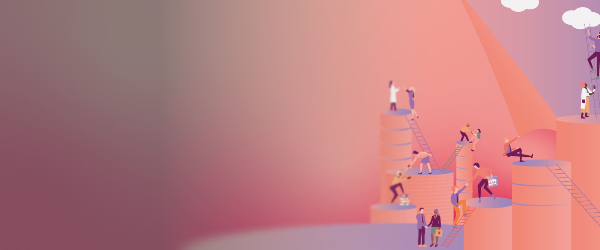 Illustration représentant plusieurs personnes collaborant afin de franchir différents niveaux à l’aide d’échelles, de partage de connaissances et d’entraide, dans un environnement symbolisant l’apprentissage, l’innovation et la progression collective.