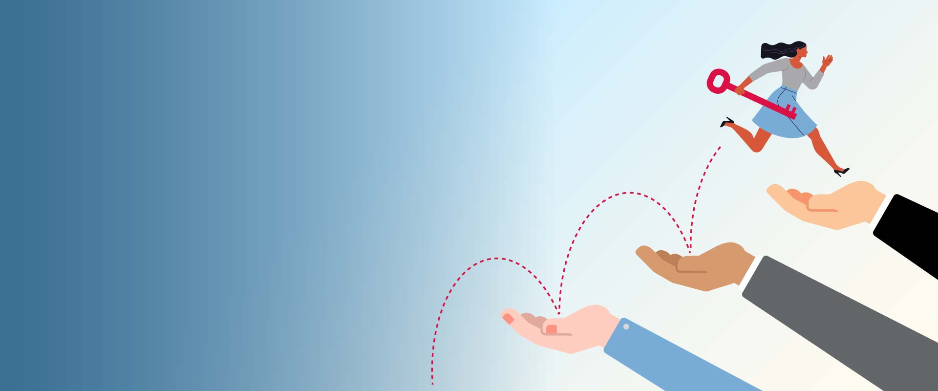 Illustration symbolisant la relève entrepreneuriale; une personne tenant une clé saute d’une main à l’autre, représentant le passage des responsabilités et la continuité de l’organisation.