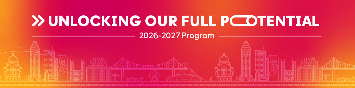 Promotional banner for the Chamber of Commerce of Metropolitan Montreal’s 2026–2027 program, featuring the slogan “Unlocking Our Full Potential” on a pink and orange gradient background. The illustration of the Montreal skyline, including landmark buildings and bridges, spans the bottom of the banner.