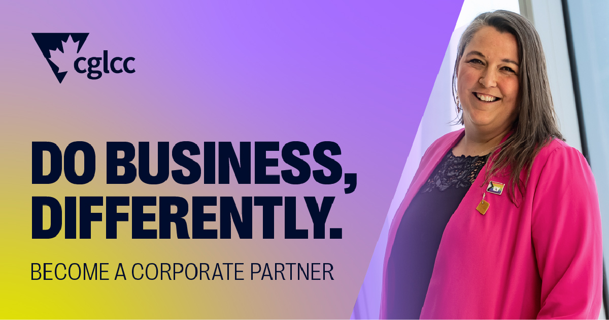 CGLCC banner with the text 'Do business, differently. Become a corporate partner' on the left and a smiling woman in a bright pink blazer on the right.