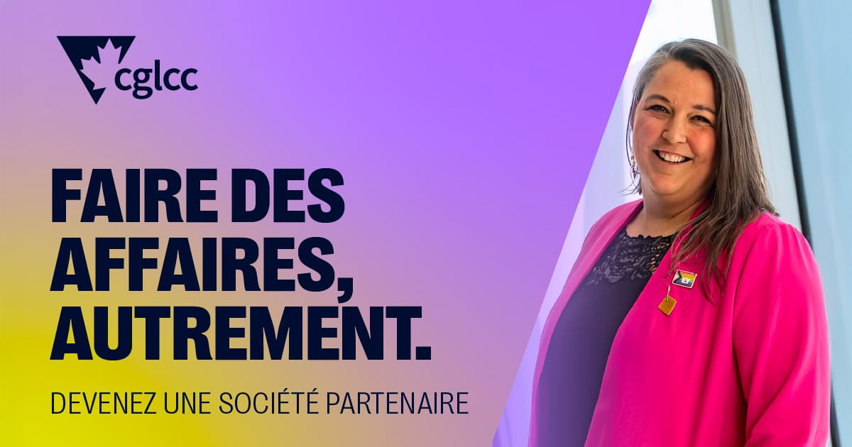 Bannière de la CGLCC avec le texte 'Faire des affaires, autrement. Devenez une société partenaire.' à gauche et une femme souriante en veston rose à droite.